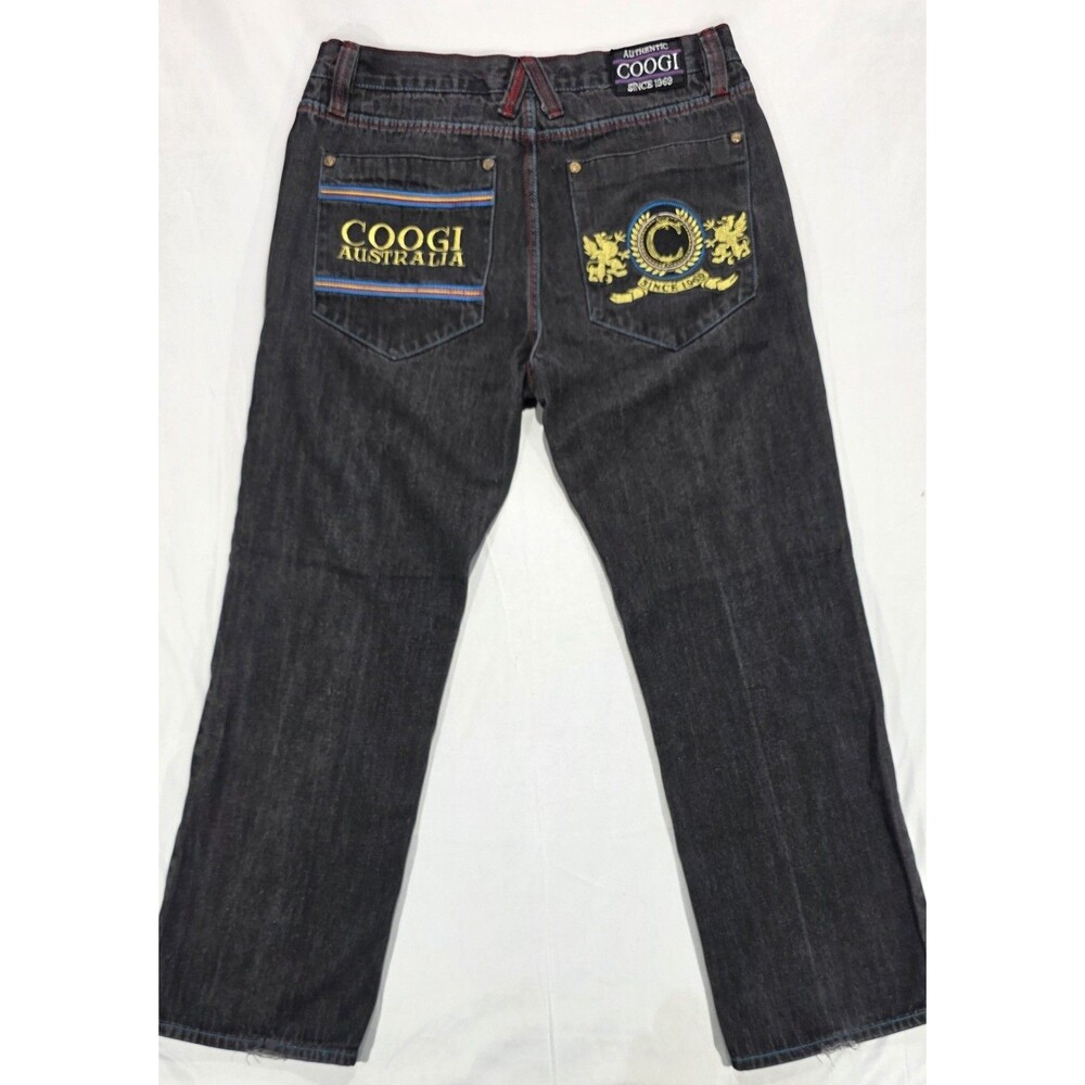 COOGI Mens Jeans Black Embroidered Crest Baggy Straight Y2K 38x34 Measure 38x32